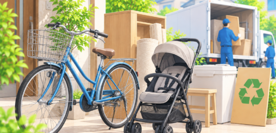 自転車やベビーカーなどの不用品を粗大ゴミとして回収する様子