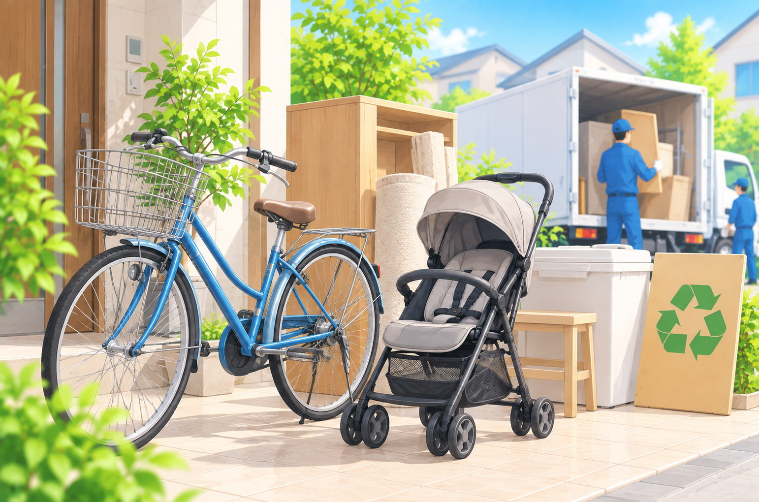 自転車やベビーカーなどの不用品を粗大ゴミとして回収する様子