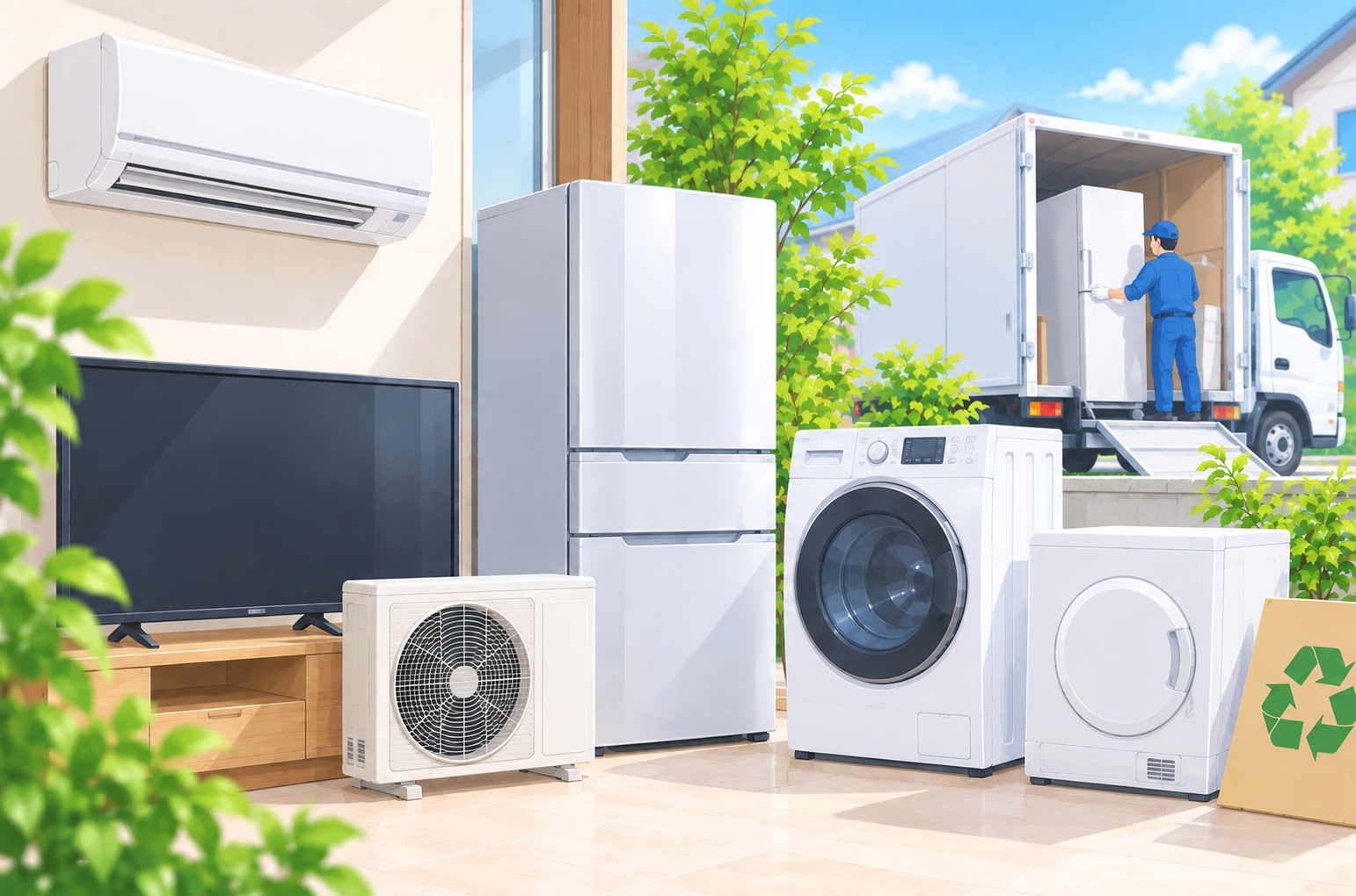 エアコン・テレビ・冷蔵庫・洗濯機などの家電を回収しリサイクルする様子