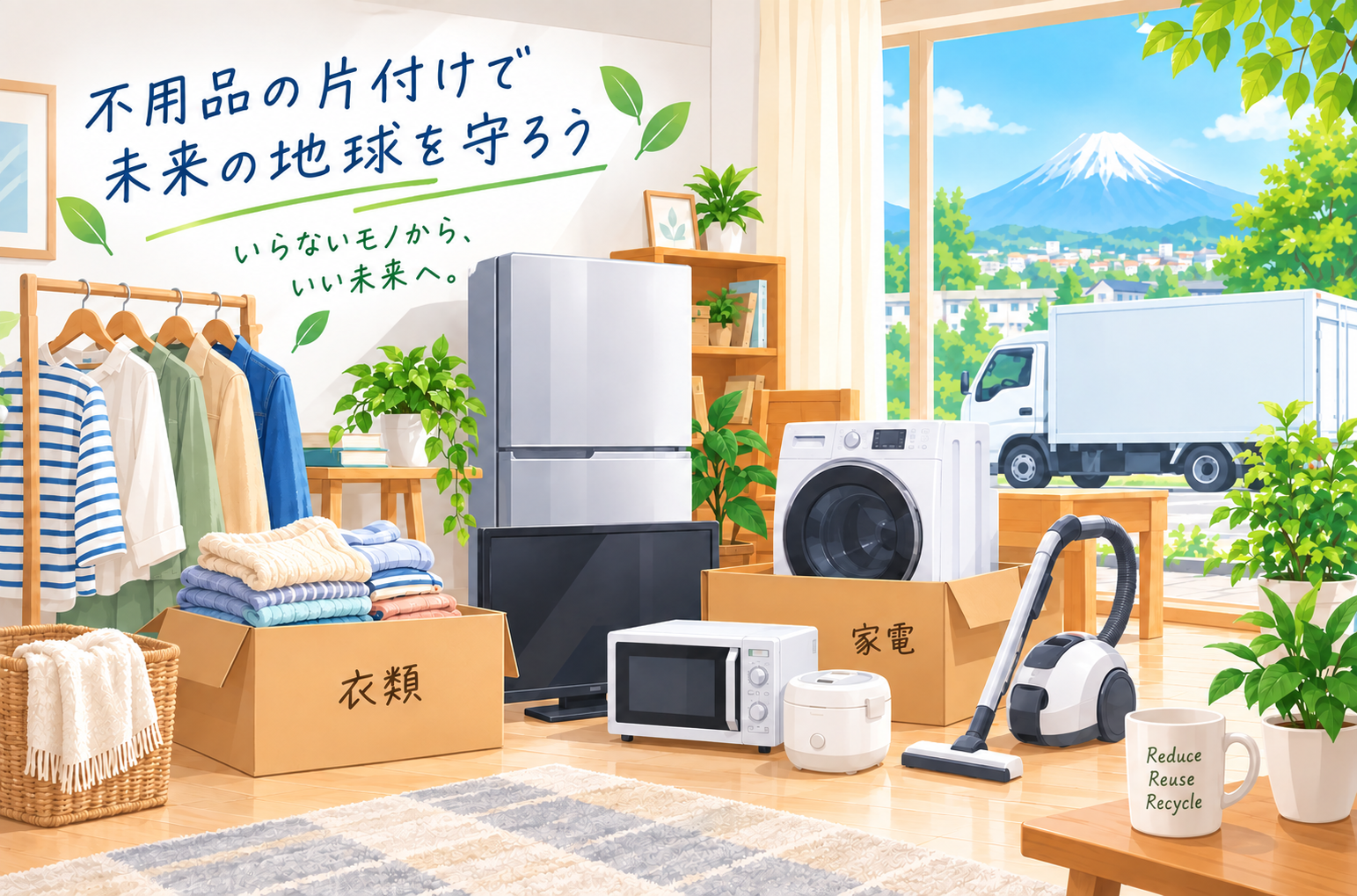 衣類や家電などの不用品を整理して適切に処分する様子
